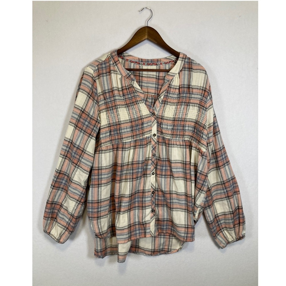 Rustic Cottagecore Universal Thread Women L Pink Plaid Smocked‎ Metallic Blouse